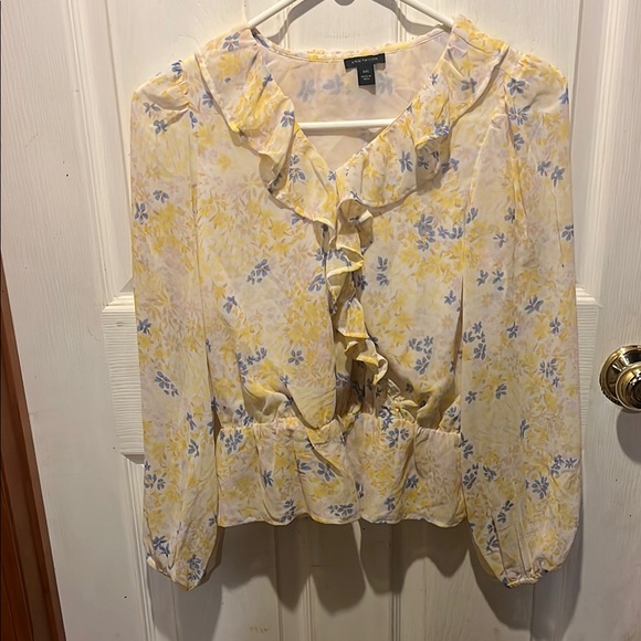 Ann Taylor Blue and White Ruffled Peplum Blouse with Peter Pan Collar - Picture 1 of 6